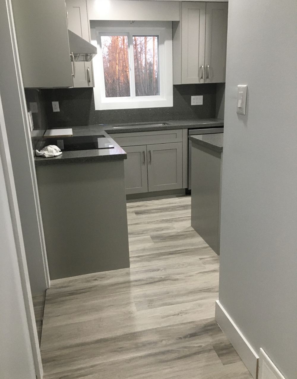 Galley kitchen renovation with new flooring and cabinetry
